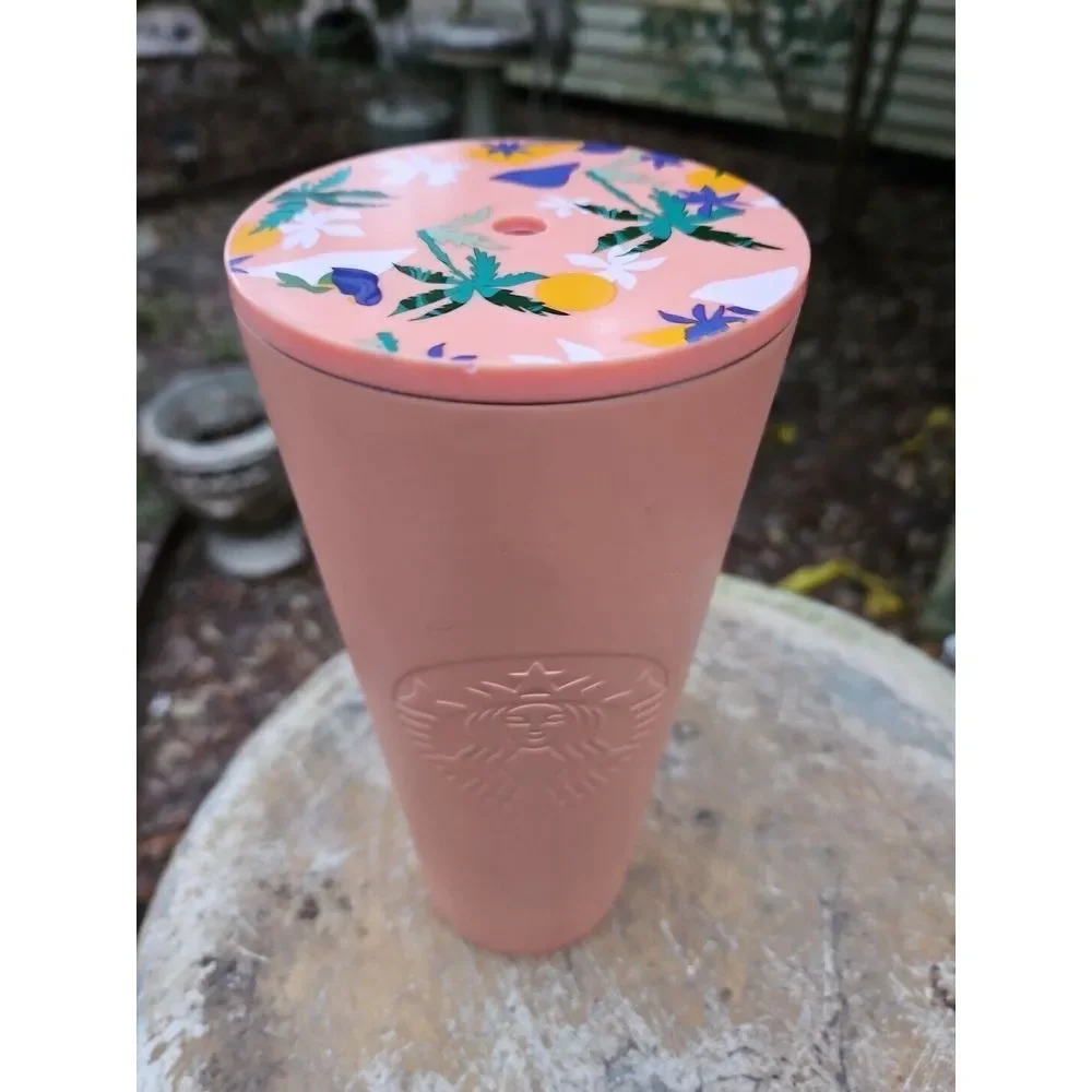 Starbucks Summer Coral Tumbler TROPICAL PALM TREE‎ LID Cold Cup 24oz Venti